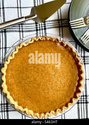 Vista dall'alto di una torta di zucca appena sfornata su una tovaglia a quadri Foto Stock