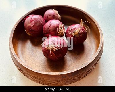 Cinque cipolle rosse in un recipiente circolare di legno. Colpo sopra l'alto. Natura morta. Fresco, colorato, succoso, nutriente, popolare, vegetale, questo ti farà piangere quando lo farai a pezzi. Foto Stock