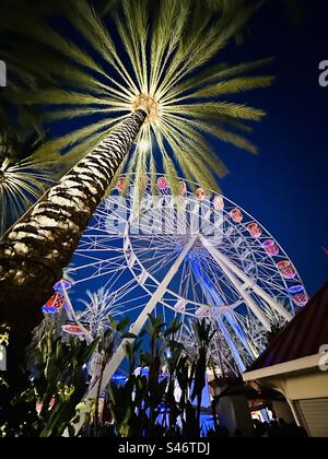 Illuminazione notturna di palme e "Giant Wheel" Ferris presso l'Irvine Spectrum Center, un complesso per lo shopping e l'intrattenimento nella contea di Orange, California. Foto Stock