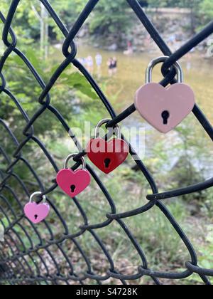 "Love locks" nelle sfumature di rosa sono appesi a una recinzione a catena. Foto Stock