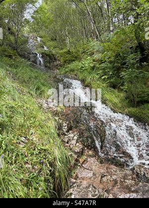 A pochi passi da Steall Falls. Lungo il percorso per la cascata di Steall, la gola di Nevis, vicino a Ben Nevis e Fort William in Scozia. Paesaggi e piccole cascate lungo il percorso verso la cascata principale. Foto Stock