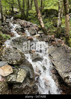 A pochi passi da Steall Falls. Lungo il percorso per la cascata di Steall, la gola di Nevis, vicino a Ben Nevis e Fort William in Scozia. Paesaggi e piccole cascate lungo il percorso verso la cascata principale. Foto Stock