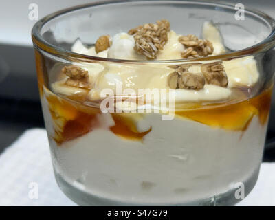 Yogurt greco a basso contenuto di grassi con miele e muesli in un piatto di vetro. Foto Stock