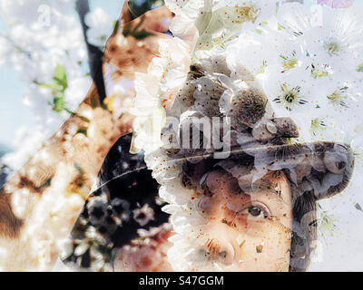 Sogno primaverile. Composito digitale del volto di un uomo con cappello nero e una sovrapposizione di fiori di ciliegio bianco in primavera. Sognante. Surreale. Foto Stock