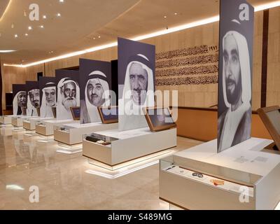 Pictures of the Emirati emirs that signed the Union and establishment of the U.A.E displayed at the Etihad Museum in Dubai, United Arab Emirates. Stock Photo