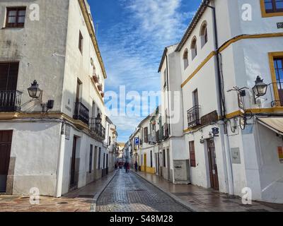 Tradizionale strada locale con case bianche nel centro storico di Córdoba, Spagna. Foto Stock