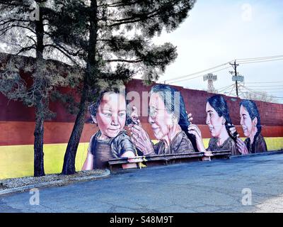 Murale di 4 donne che si intrecciano i capelli a vicenda a Longmont, Colorado, USA. Generazioni di femmine. Dipinto sul lato dell'edificio con due alberi come parte della scena. Foto Stock