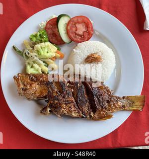 Pesce di dentice grigliato su un piatto con riso a Bali Indonesia Foto Stock