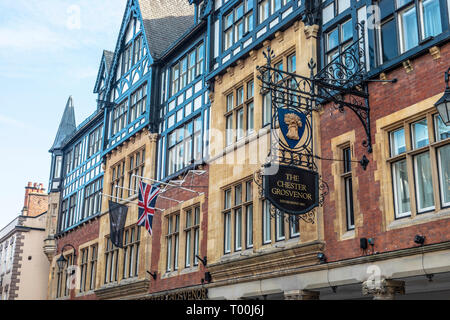 Chester, Inghilterra - Febbraio 23, 2019: Architettura dettagli del vecchio stile cercando case ed abitazioni. Foto Stock
