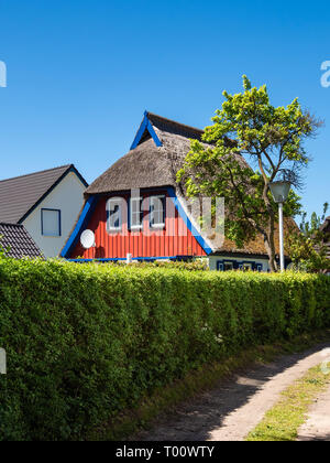 Edificio, alberi e cielo blu in Wieck, Germania. Foto Stock