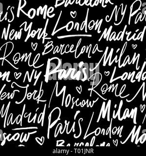 Modello senza soluzione di continuità con i nomi di città del mondo Parigi, Madrid, Barcellona, Roma, Milano, Londra, Mosca e New York. Moderno disegnato a mano la calligrafia pennello il Illustrazione Vettoriale