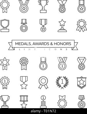 Raccolta della medaglia, premi, tazze e onora le icone della linea illustrazione vettoriale. La concorrenza e il successo dei simboli. Illustrazione Vettoriale