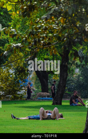 Budapest, Ungheria, Settembre , 13, 2019 - persone che svolgono attività nel V rosliget park ina una giornata di sole: lettura, passeggiate rilassanti bagni di sole Foto Stock