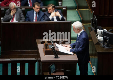 Ministro polacco degli Affari Esteri Jacek Czaputowicz durante il suo sttement annuale al Sejm (Camera Bassa del parlamento polacco) a Varsavia in Polonia il 14 marzo 2019 Foto Stock