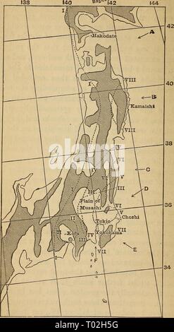 I terremoti e altri movimenti di terra . earthquakesother00miln Anno: 1886 190 terremoti. 6a:eo*?/i in Fig. 29.-Nord del Giappone. Distretti montuosi ombreggiata con linee oblique. Foto Stock