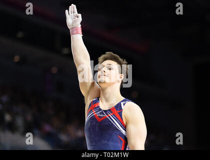 Liverpool, Regno Unito. 16 marzo 2019. Brinn Beven (Sud Essex Palestra) esegue il cavallo nell'uomo il Senior completa durante il 2019 la ginnastica del Campionato Britannico a M&S Bank Arena Sabato, 16 marzo 2019. LIVERPOOL ENGLAND. (Solo uso editoriale, è richiesta una licenza per uso commerciale. Nessun uso in scommesse, giochi o un singolo giocatore/club/league pubblicazioni.) Credito: Taka G Wu/Alamy News Credito: Taka Wu/Alamy Live News Foto Stock