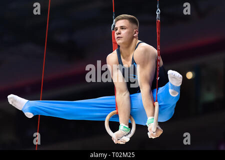 Liverpool, Regno Unito. 16 marzo 2019. Pavel Karnejenko (Notts ginnastica) esegue l'anello ancora nell'uomo il Senior completa durante il 2019 la ginnastica del Campionato Britannico a M&S Bank Arena Sabato, 16 marzo 2019. LIVERPOOL ENGLAND. (Solo uso editoriale, è richiesta una licenza per uso commerciale. Nessun uso in scommesse, giochi o un singolo giocatore/club/league pubblicazioni.) Credito: Taka G Wu/Alamy News Credito: Taka Wu/Alamy Live News Foto Stock