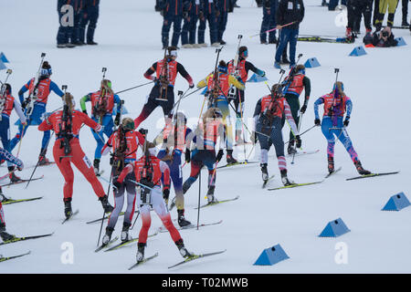 Ski Stadium, Oestersund, Svezia, 17 marzo 2019 era maschile e femminile i relè giorno all'IBU Campionati Mondiali di Biathlon e 20.000 tifosi riempito lo stadio di Östersund. Nella foto: Le donne il relè riceve in corso Immagine: Rob Watkins/Alamy News Foto Stock