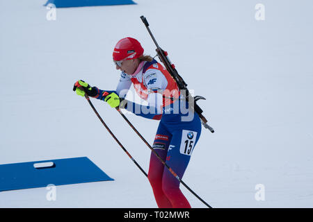 Ski Stadium, Oestersund, Svezia, 17 marzo 2019 era maschile e femminile i relè giorno all'IBU Campionati Mondiali di Biathlon e 20.000 tifosi riempito lo stadio di Östersund. Nella foto: Anastasiya Kuzmina della Slovacchia. Immagine: Rob Watkins/Alamy News Foto Stock