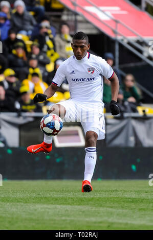 Sabato, 16 marzo 2019: FC Dallas centrocampista Carlos Gruezo (7) nella seconda metà del match tra FC Dallas e Columbus Crew SC a MAPFRE Stadium, in Columbus OH. Obbligatorio Photo credit: Dorn Byg/Cal Sport Media. Columbus Crew SC 1 - FC Dallas 0 Foto Stock