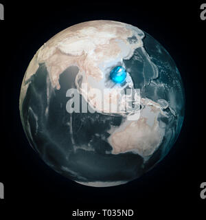 Mappa del mondo senza acqua. Tutti i acqua sulla terra in un unico posto. Sfera d'acqua. Il cambiamento climatico e il riscaldamento globale. Mondo fisico. Il rendering 3D Foto Stock