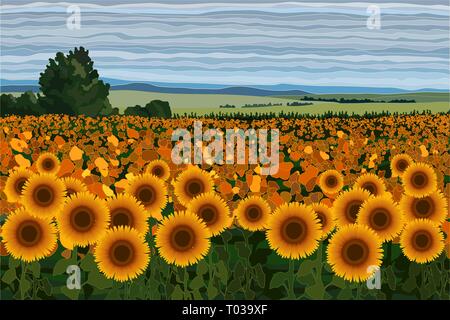 Campo luminoso di girasoli con arbusti, alberi e cielo blu illustrazione vettoriale Illustrazione Vettoriale