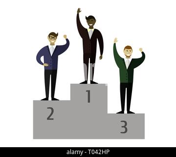 Uomini d'affari su un piedistallo. Illustrazione vettoriale. Primo, secondo e terzo posto. Il concetto di business moderno Illustrazione Vettoriale