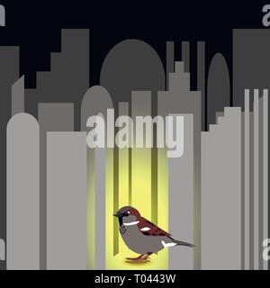 Mondo Sparrow giorno. Sparrow sul paesaggio urbano. Concetto di eventi ecologici. Protezione degli uccelli. Illustrazione Vettoriale