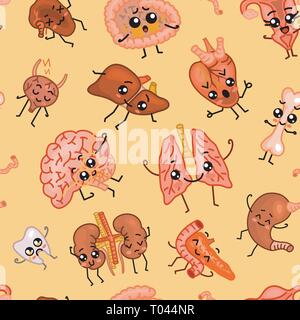 Carino organi Seamless pattern. Umano felice, Set di caratteri sorridente. Cartoon kawaii icona. Cuore sano, stomaco, fegato, vescica utero organo, polmoni Illustrazione Vettoriale