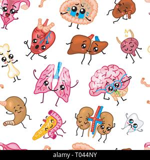 Carino organi Seamless pattern. Umano felice, Set di caratteri sorridente. Cartoon kawaii icona. Cuore sano, stomaco, fegato, vescica utero organo, polmoni Illustrazione Vettoriale