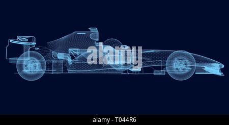 Wireframe di poligonale racing car di linee blu su uno sfondo scuro. 3D. Vista laterale. Illustrazione Vettoriale. Illustrazione Vettoriale