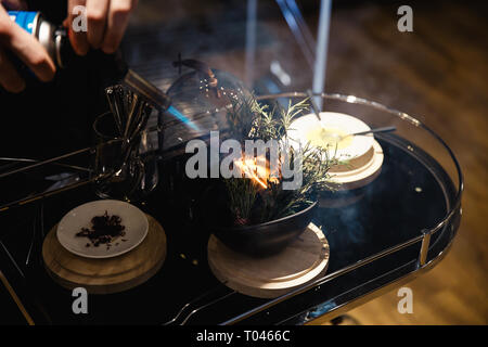 Cibo esotico viene degustated a un lusso cena aziendale evento Foto Stock