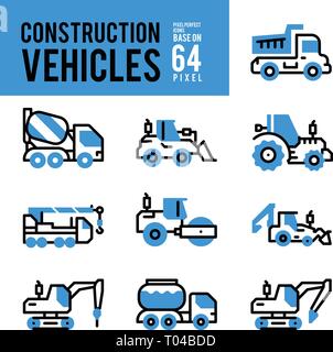 La costruzione del veicolo di trasporto e icone monocromatiche. Pixel icona perfetta base di 64px. Illustrazione Vettoriale