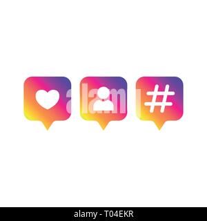 I social media come moderno, seguace, hashtag colore sfumatura. Come, seguace, pulsante di commento, icona, simbolo, ui, app web. Illustrazione Vettoriale. EPS 10. Illustrazione Vettoriale