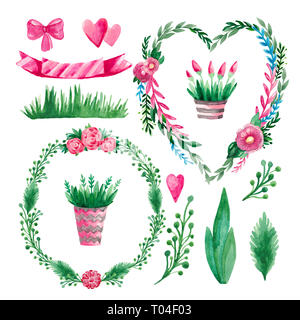 Acquerello illustrazione di elementi floreali frame di rami e fiori tulipani erba foglie verdi. Serie di illustrazioni botaniche, mano-disegno Foto Stock