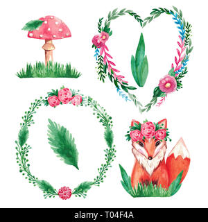 Illustrazione ad acquerello forest Fox set telaio botanico di piante di erba fiori a fungo. Set di elementi botanici per carta da parati di carta tessuto poster post Foto Stock