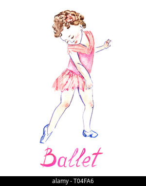 Balletto classico dancing girl in abito rosa, dipinte a mano illustrazione ad acquerello con iscrizione isolato su bianco Foto Stock