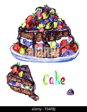 Torta al cioccolato con frutti di bosco e fetta tagliata, dipinte a mano illustrazione ad acquerello isolato su bianco con iscrizione Foto Stock