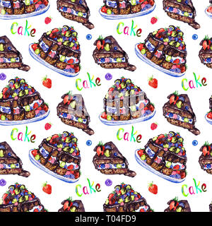 Torta al cioccolato con frutti di bosco e fetta tagliata, dipinte a mano illustrazione ad acquerello con iscrizione, perfetta design pattern su sfondo bianco Foto Stock