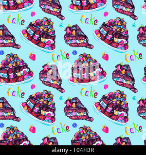 Torta al cioccolato con frutti di bosco e fetta tagliata, dipinte a mano illustrazione ad acquerello con iscrizione, perfetta design pattern luminoso su sfondo blu Foto Stock