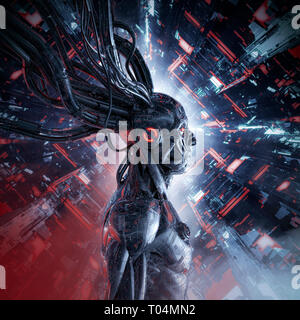 Intelligenza artificiale personificata / 3D illustrazione di fantascienza maschio android umanoide all'interno di computer futuristico core Foto Stock