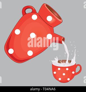 Disegno piatto di una caraffa rossa. Capsule per liquidi. Versate il latte dalla caraffa. Tazza rossa con pallina di polka e latte. Grigio, isolato. Vettore. Illustrazione Vettoriale