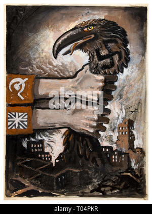 Vintage poster di propaganda WW2 delle potenze alleate e sovietica unità britanniche a strangolo svastica predatori che indossa la Germania hawk-come un uccello, mezzo la Germania nazista rovine 1940 Foto Stock