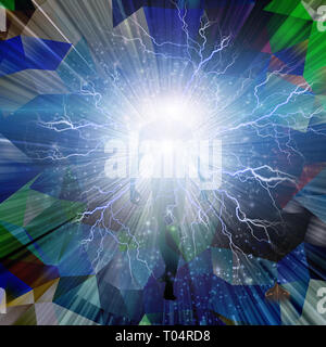 Sagoma umana con luce intensa. Colorato modello caleidoscopica su uno sfondo. Foto Stock