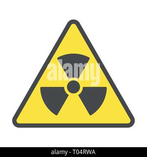 Zona radioattiva, segno del vettore o il simbolo. Spia zona radioattiva in icona a forma di triangolo isolato su sfondo giallo con strisce. La radioattività Illustrazione Vettoriale