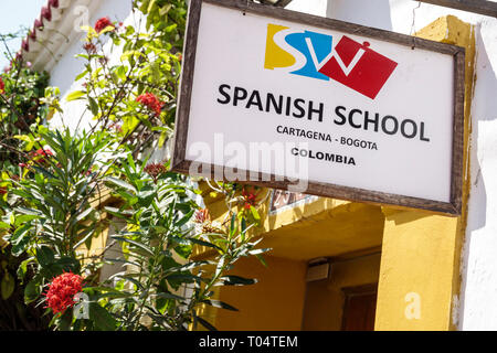 Cartagena Colombia,Centro,Getsemani,Scuola di lingua spagnola,esterno,cartello,COL190120008 Foto Stock