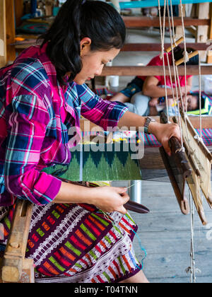 Lavoratore di sesso femminile che lavora su tessuto di tessitura a telaio, Ock Pop Tok workshop di tessitura, Luang Prabang, Laos, Asia Foto Stock