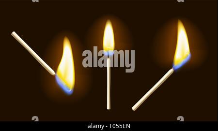 Masterizzazione realistico matchstick set di fiamma con trasparenza, isolati su sfondo nero. Illustrazione Vettoriale Illustrazione Vettoriale