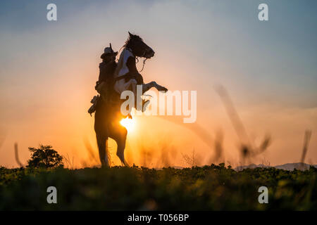 Silhouette cowboy sparare una pistola su un cavallo in sunset Foto Stock