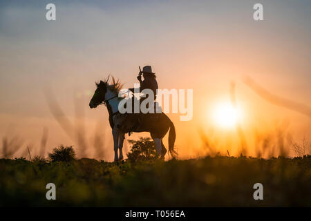 Silhouette cowboy sparare una pistola su un cavallo in sunset Foto Stock